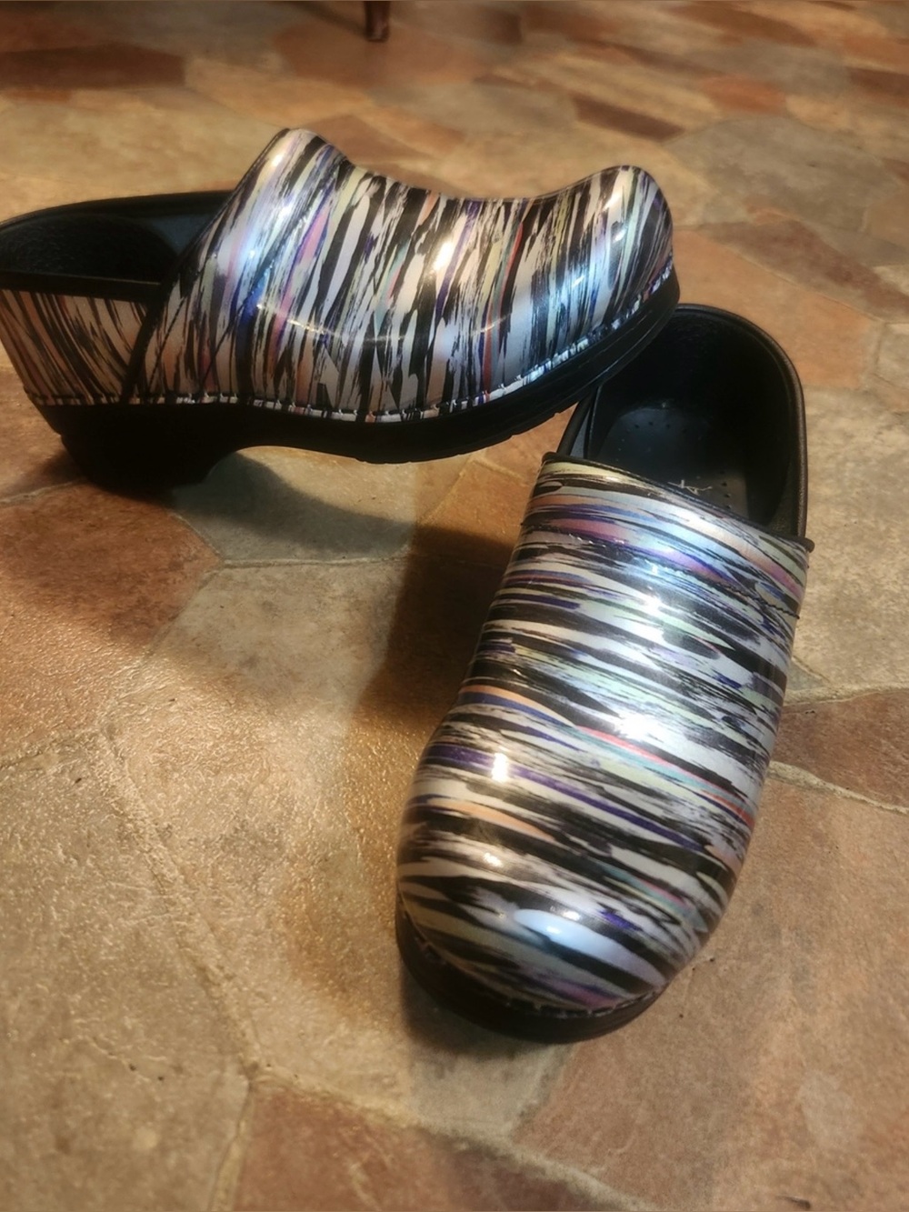 Dansko Iridescent Multi-Striped Clog in Black, Silver, Blue